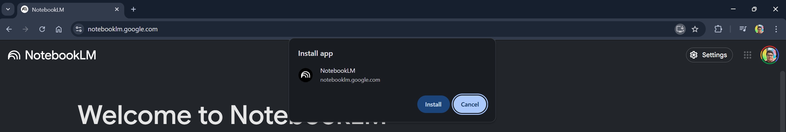 Install NotebookLM web app popup