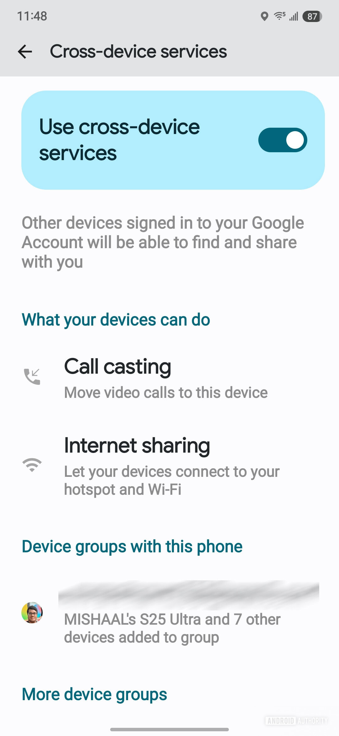 Cross device services settings on Samsung phones with One UI 7