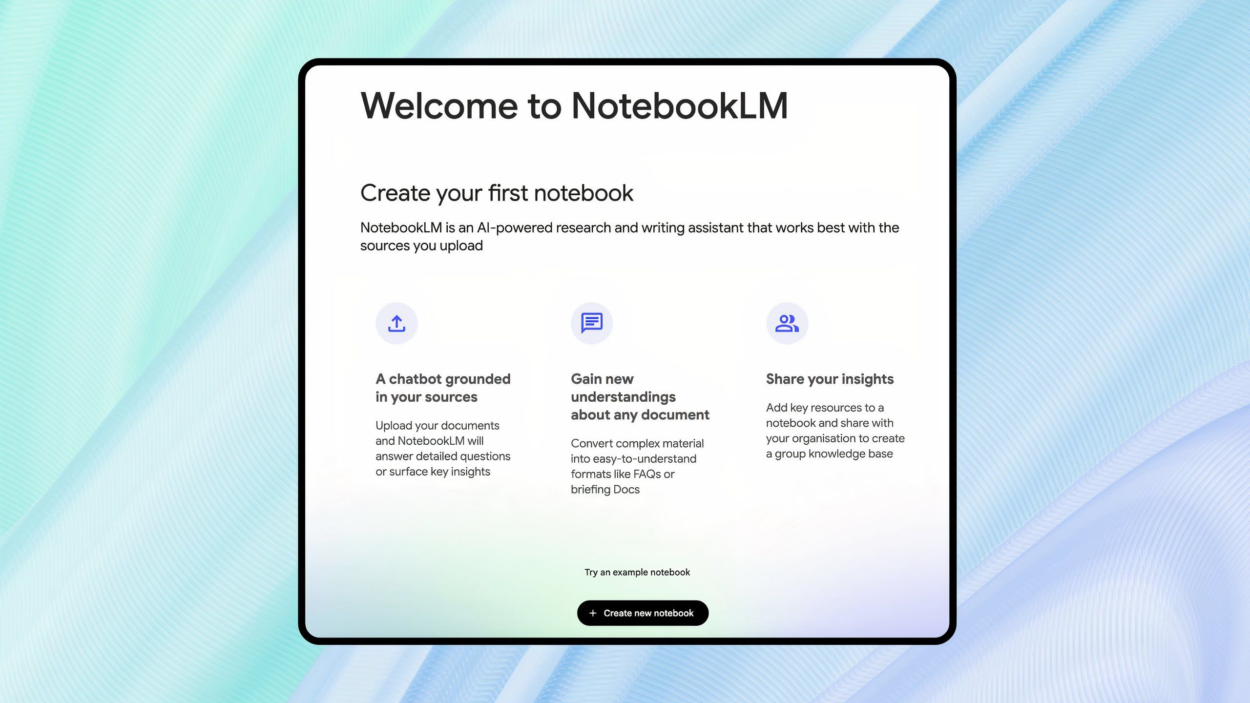 Welcome to NotebookLM splash screen