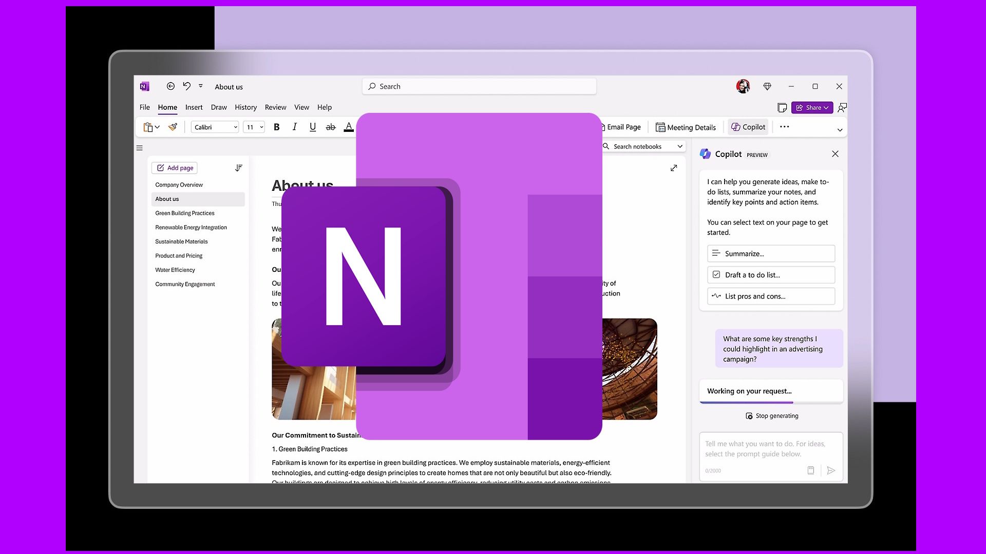 OneNote logo in center of OneNote application on a purple background