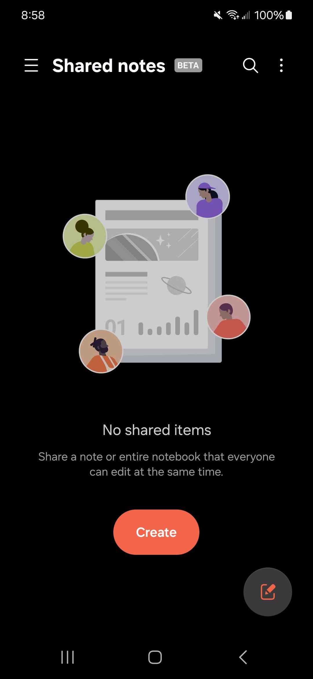 Main page for Samsung Notes' Shared Notes feature in beta