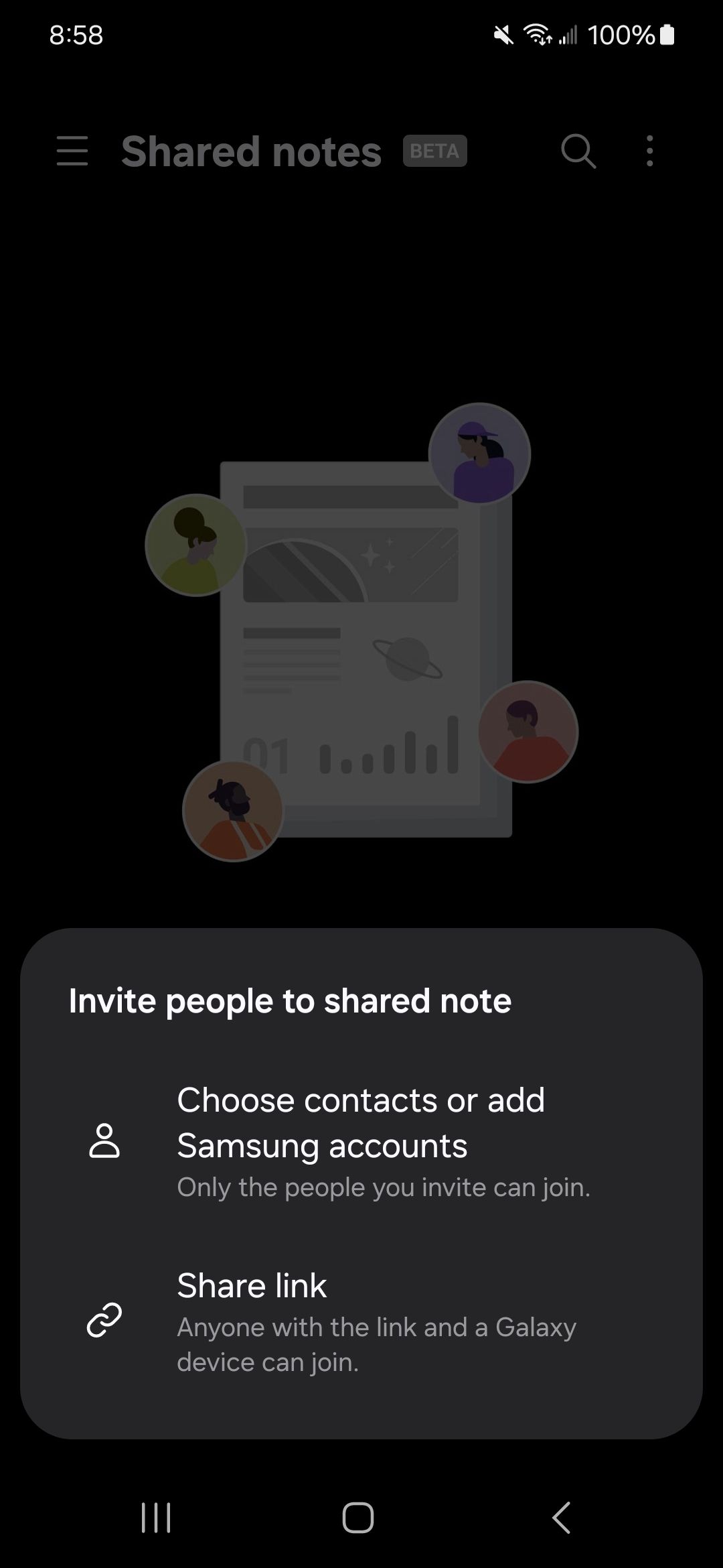 Sharing options for Shared Notes including choosing contacts or add Samsung accounts and Share link