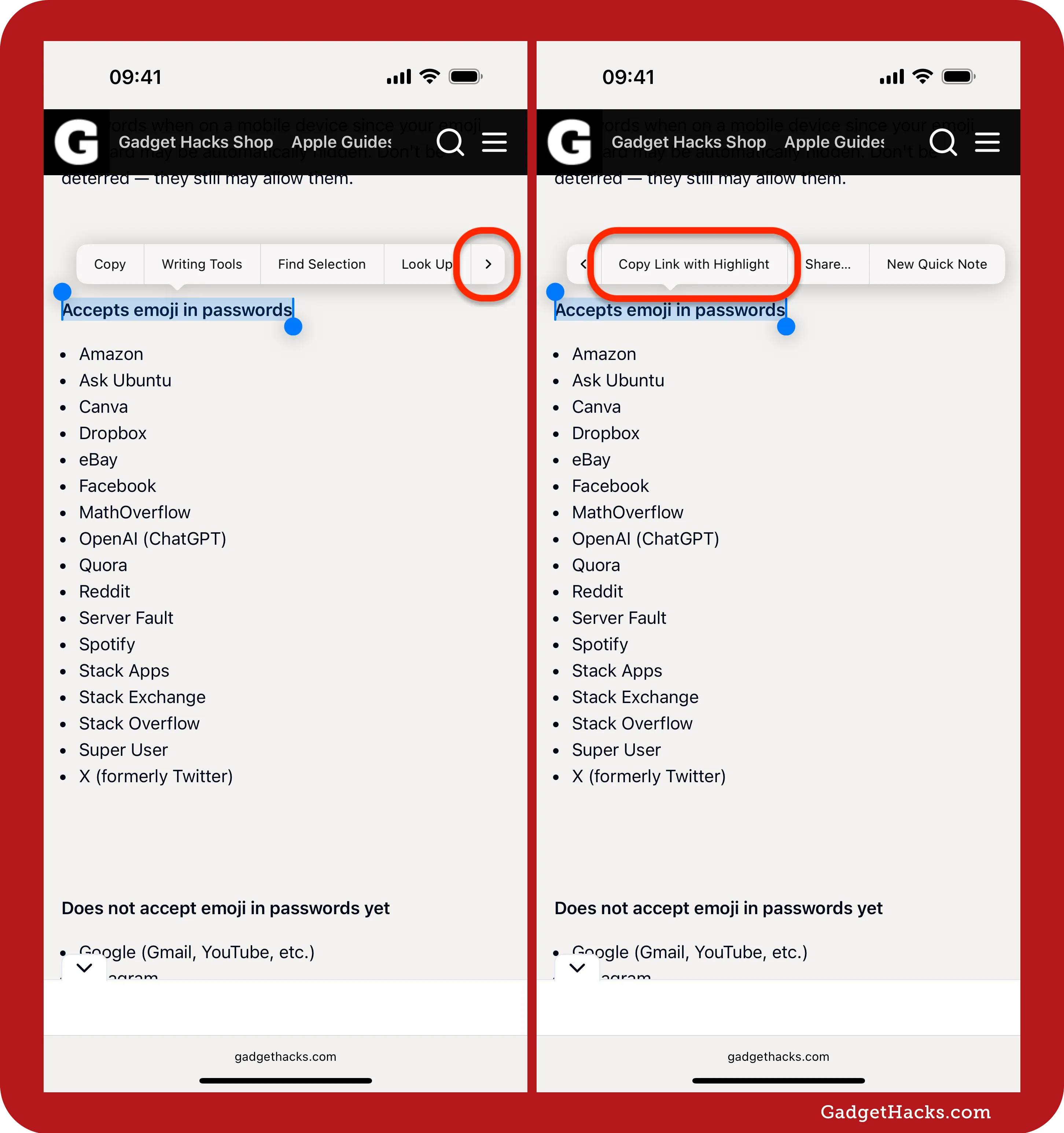 A side-by-side comparison of a Safari browser on iOS shows the “Accepts emoji in passwords” text selected, with the right image highlighting the “Copy Link with Highlight” option.