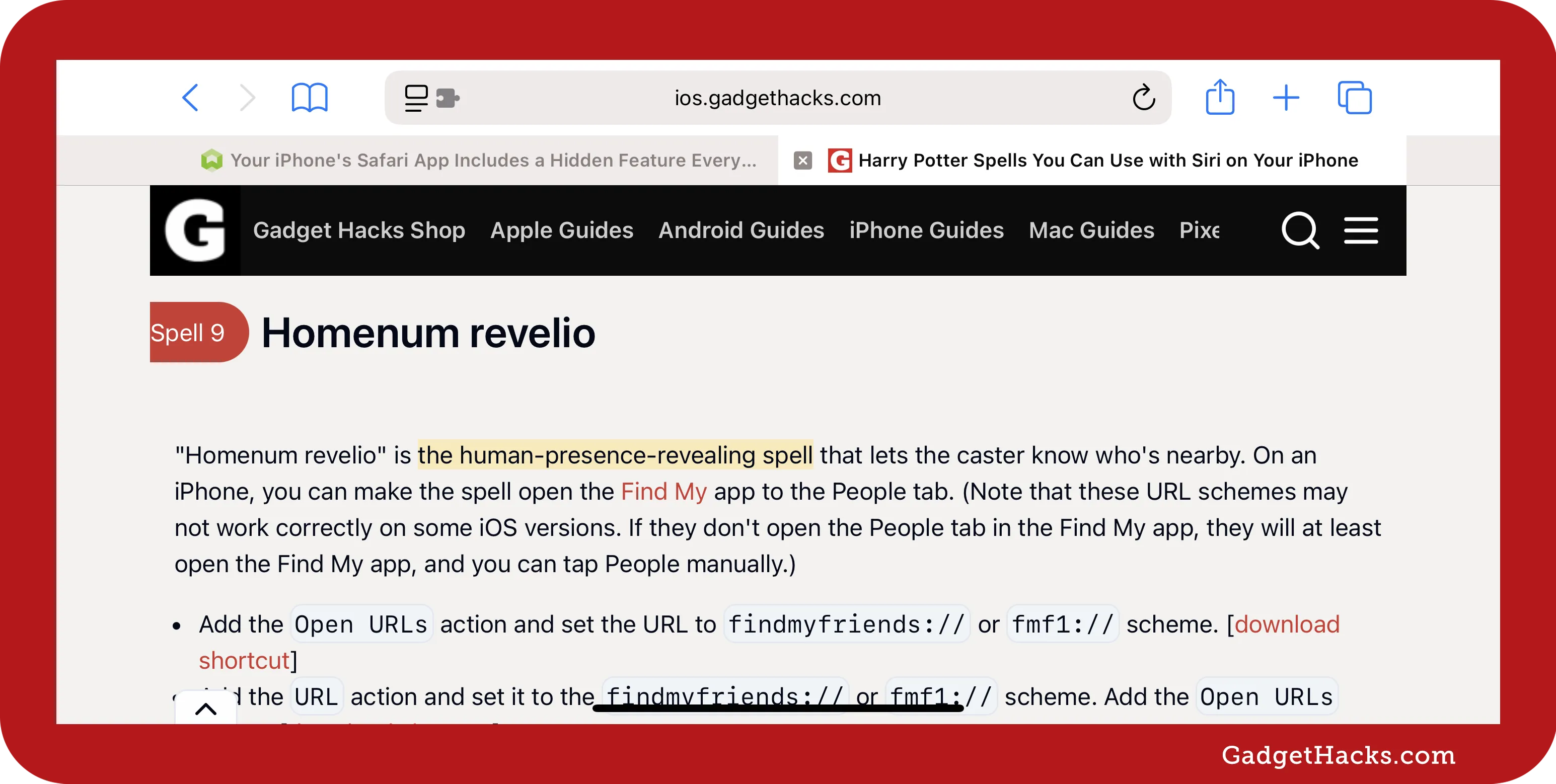 A Safari browser on iOS shows a Gadget Hacks article highlighting “the human-presence-revealing spell,” referring to “Homenum revelio,” which opens the Find My app’s People tab.