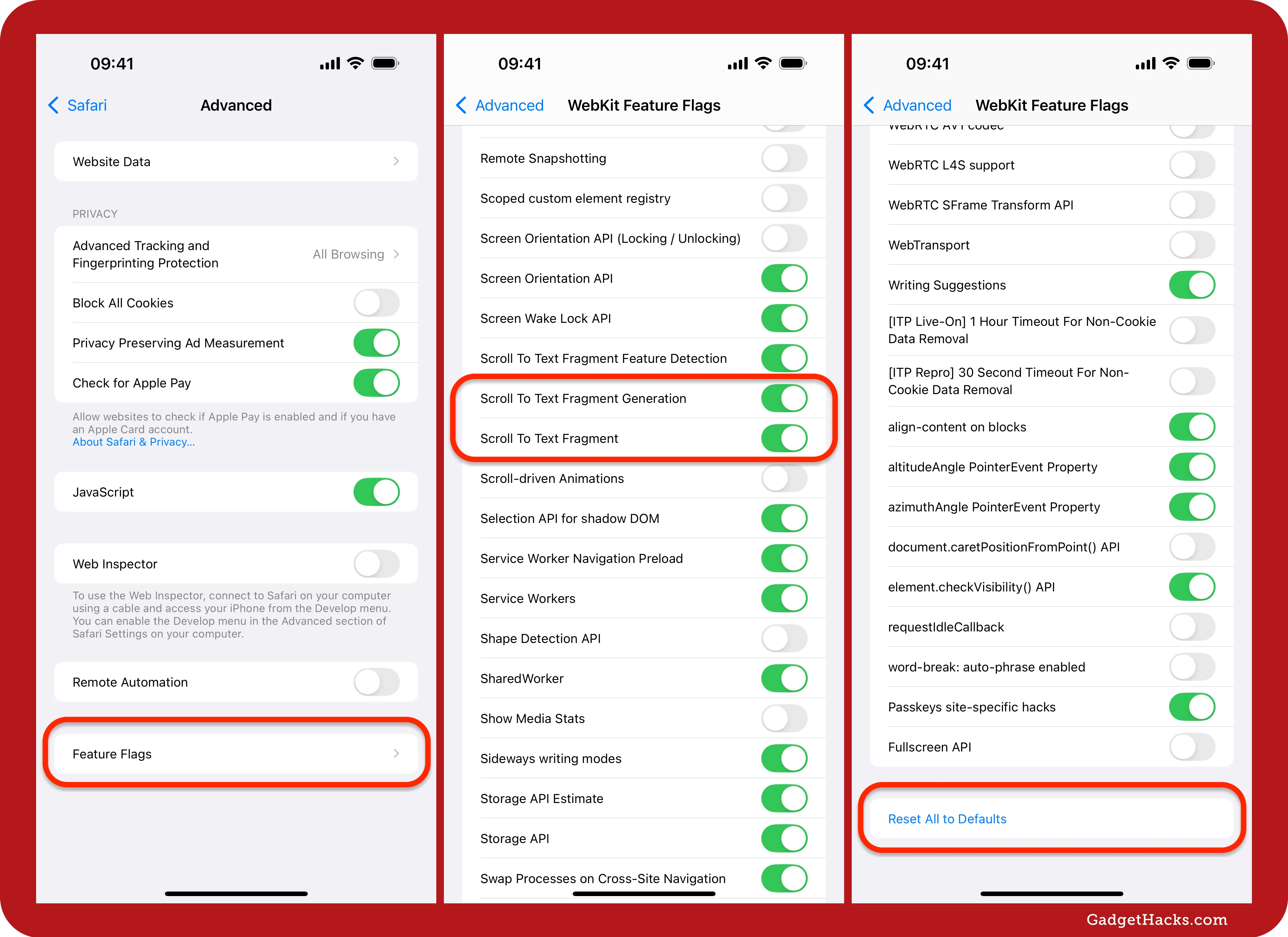 Three iPhone screenshots of Safari’s advanced settings, highlighting “Feature Flags,” “Scroll To Text Fragment” options, and the “Reset All to Defaults” button.