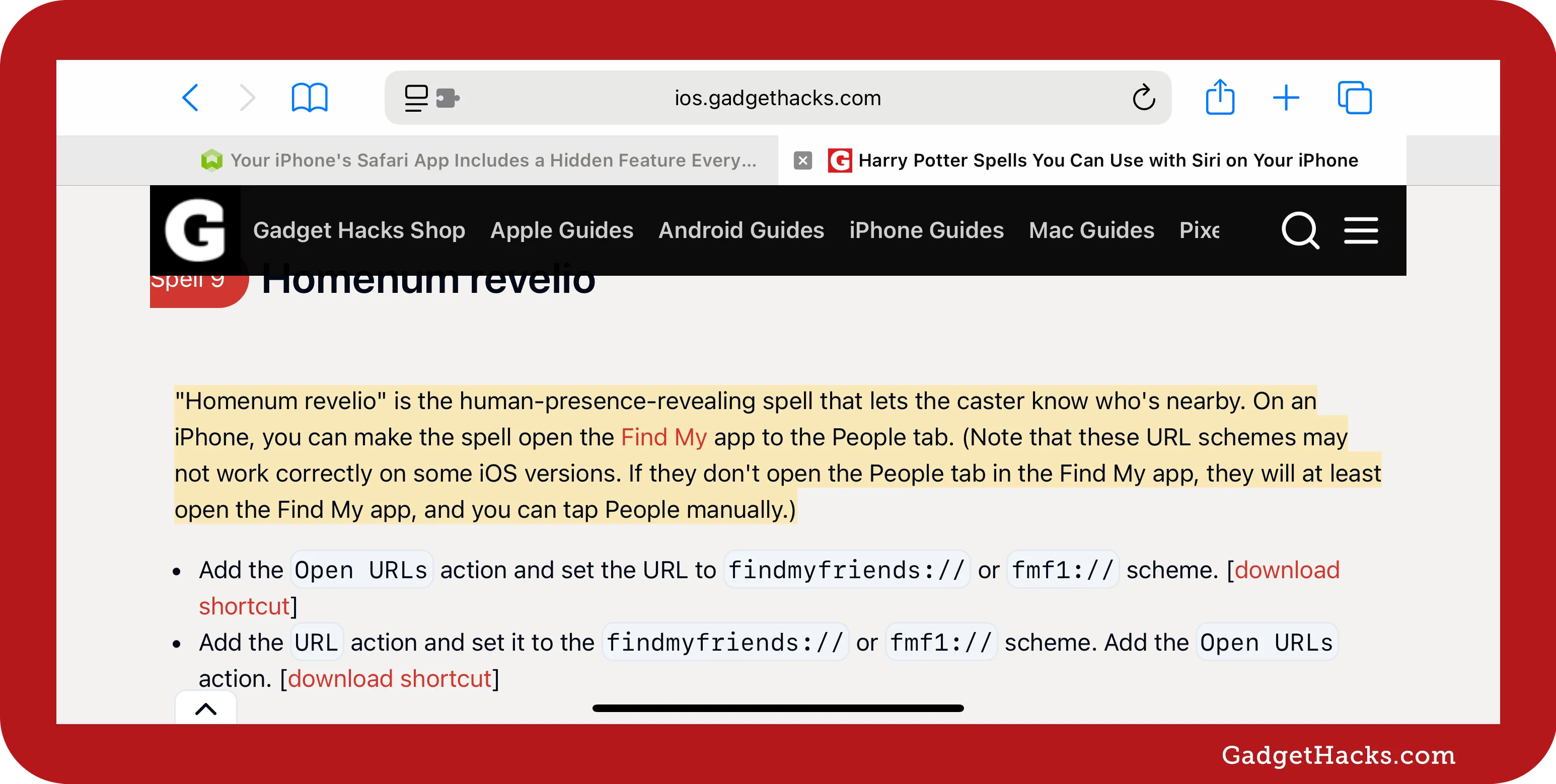 A Safari browser on iOS displays a Gadget Hacks article with a full paragraph highlighted, explaining how the “Homenum revelio” spell acts as a human-presence-revealing spell, opening the Find My app’s People tab.