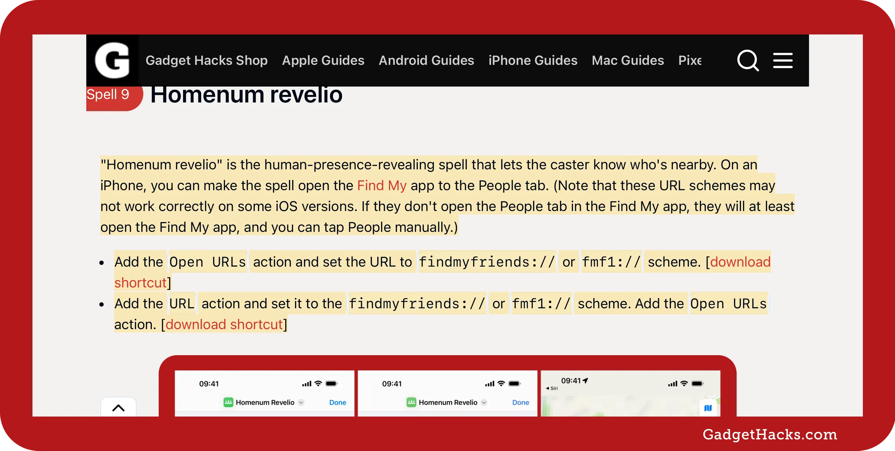 A Safari browser on iOS displays a Gadget Hacks article with a full paragraph and multiple elements highlighted, explaining how the “Homenum revelio” spell reveals nearby people via the Find My app.