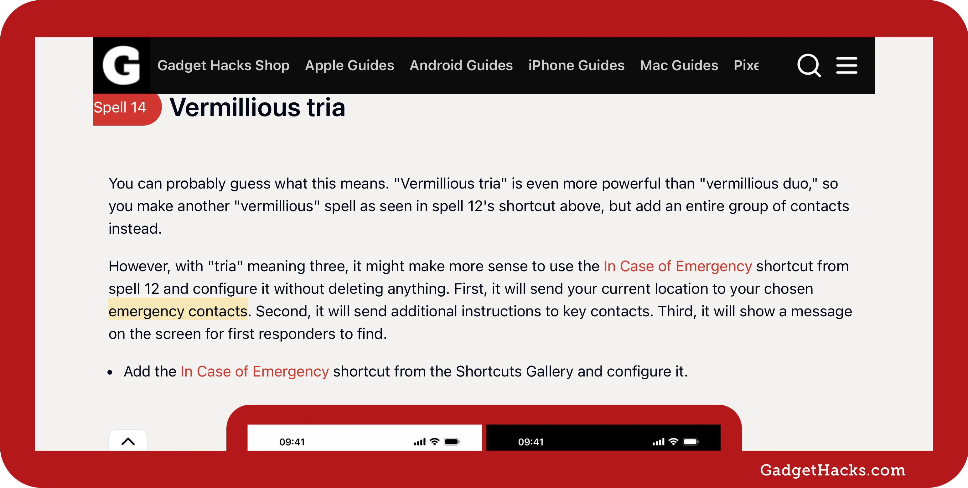 A Safari browser on iOS displays a Gadget Hacks article about “Vermillious tria,” a spell for alerting a group of emergency contacts, with “emergency contacts” highlighted.