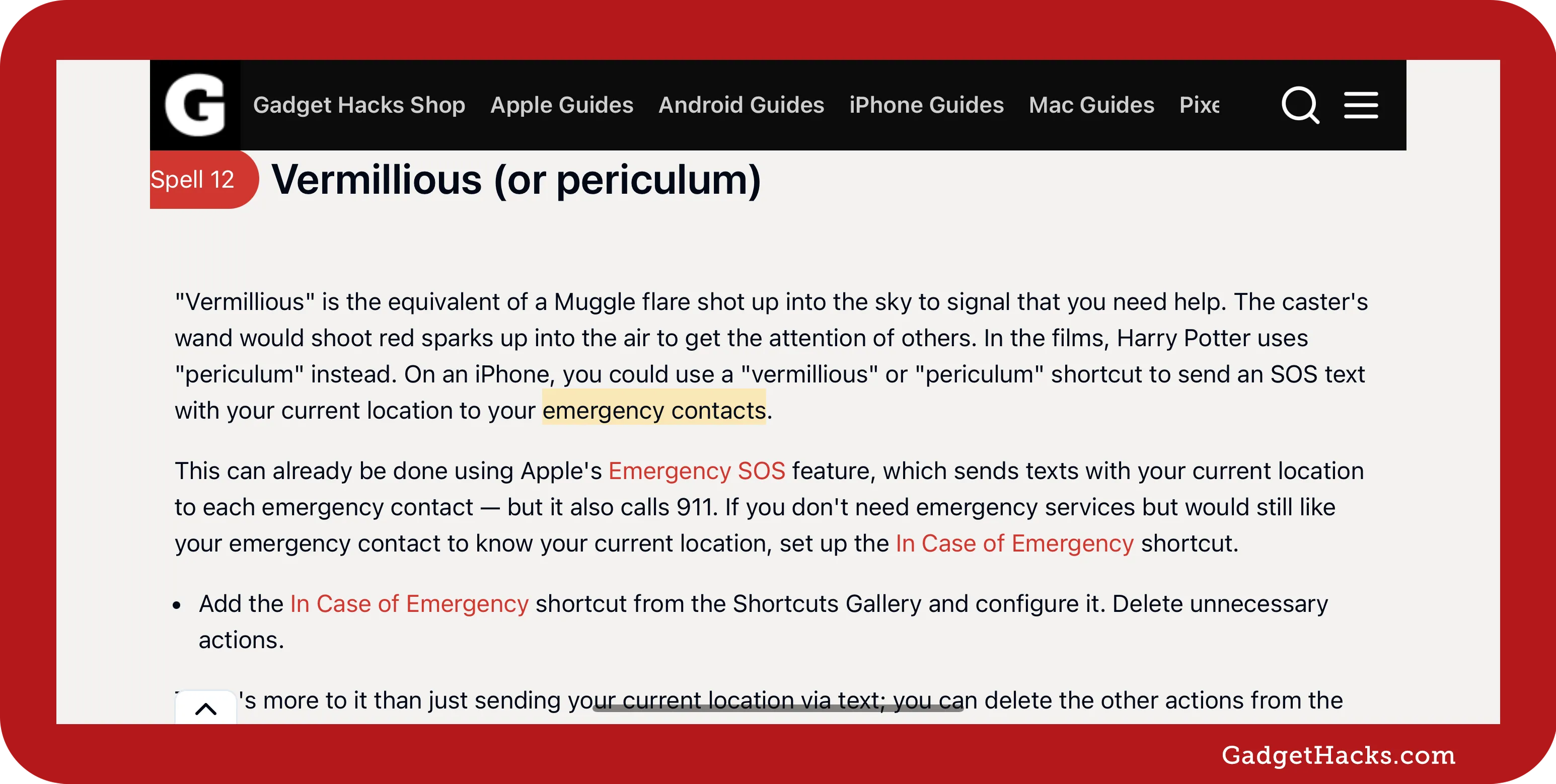 A Safari browser on iOS displays a Gadget Hacks article explaining the “Vermillious” spell as a flare-like signal, with “emergency contacts” highlighted, referring to Apple’s Emergency SOS feature.