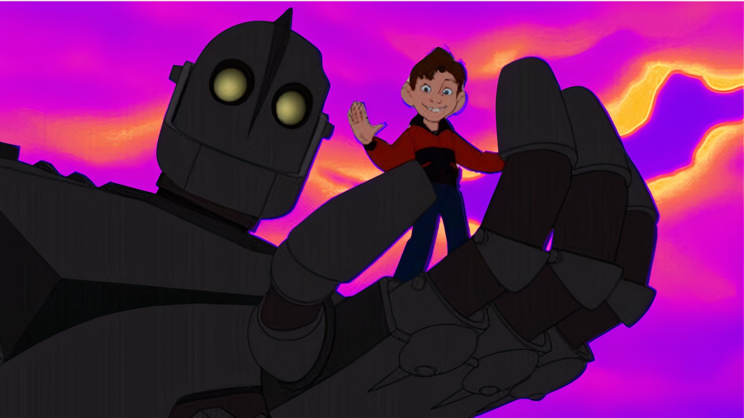 A drawing of a boy standing on a giant robot's outstretched hand.