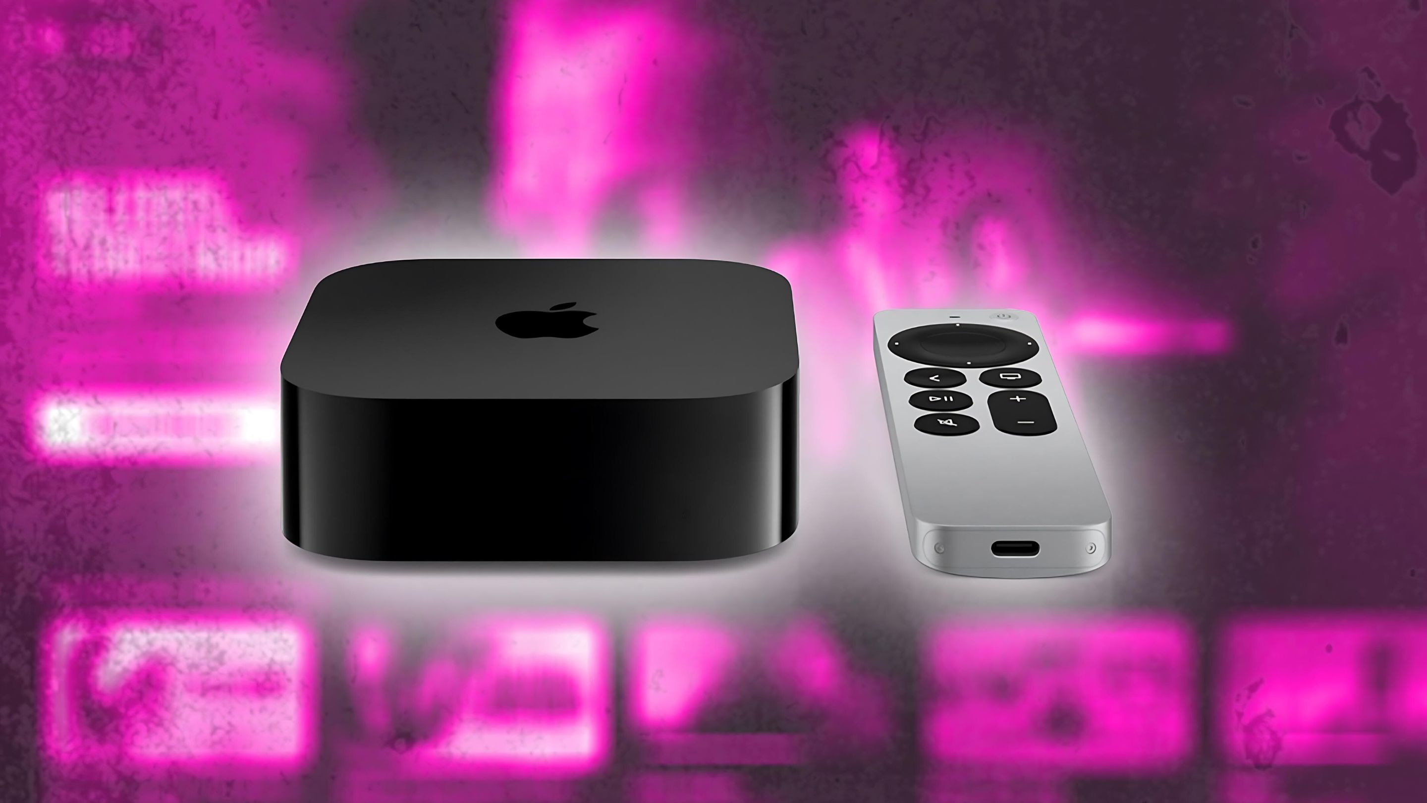 Apple TV 4K and remote against a pink blurry background. 