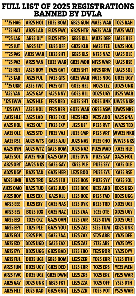 full list of 2025 registrations banned by dvla