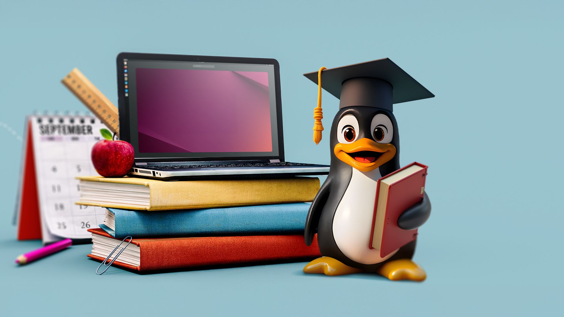 A laptop on top of some school books, with the Linux mascot next to it wearing a graduation cap.