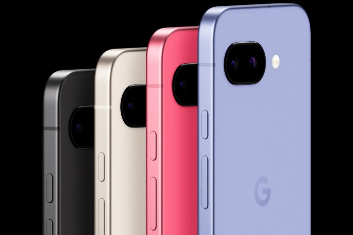 The back of the Google Pixel 9a in different colors.