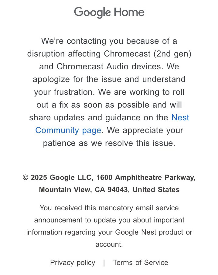 Chromecast apology email