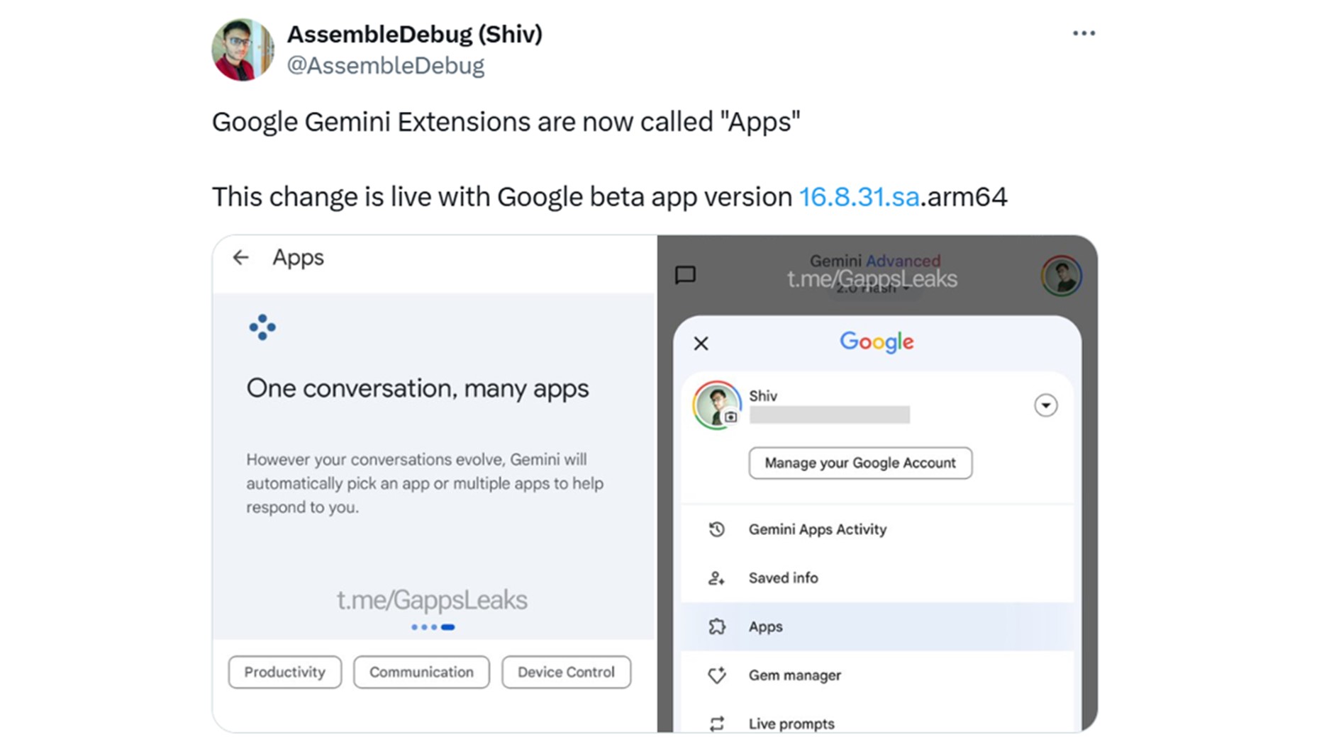 Google Gemini Extensions Apps Rebrand AsssembleDebug X Post