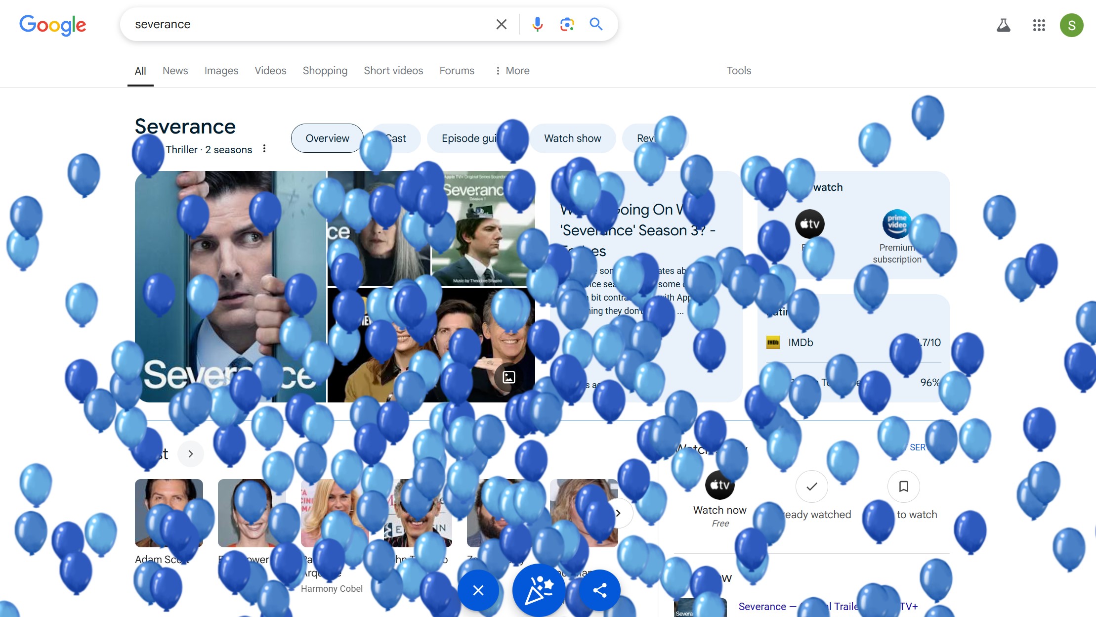 google search severance blue balloons easter egg