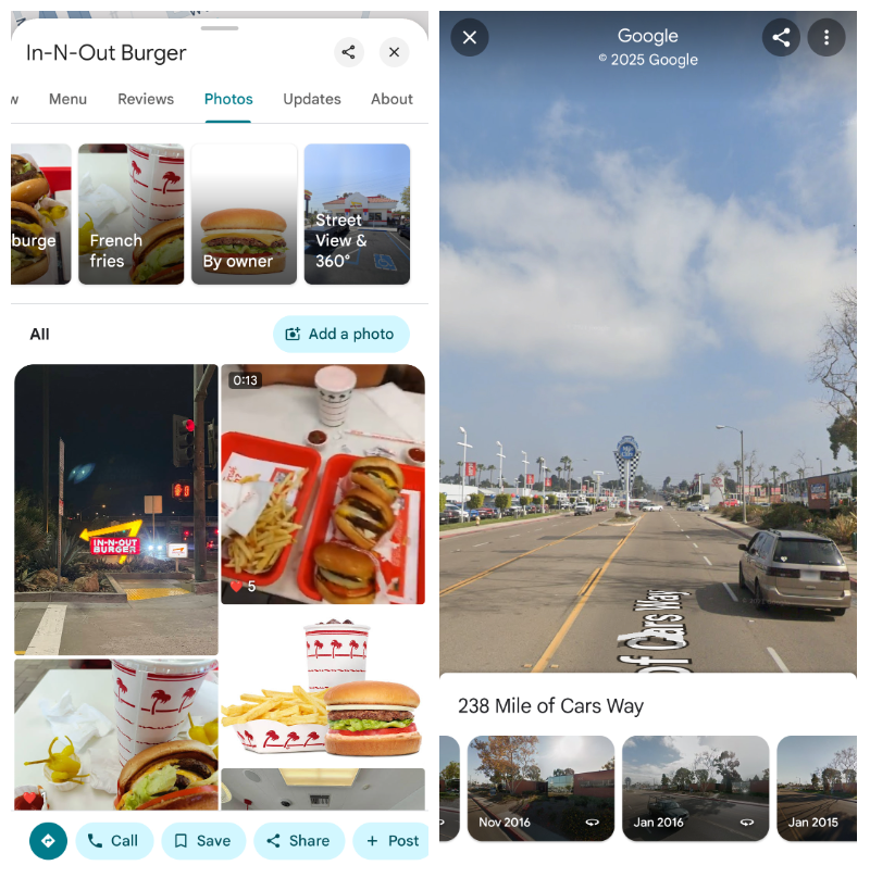 Left photo showing photos from In-N-Out Burger below several thumbnails, including one that says “Street View & 360 degrees.” Right: Google Maps photo of street with thumbnails and dates below.