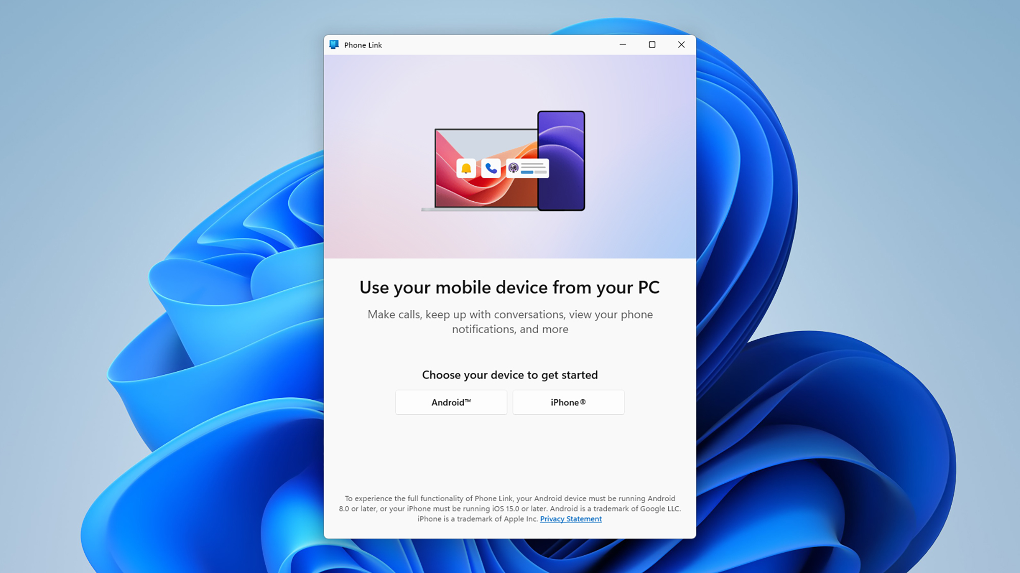 A Windows screen showing a windows with a graphic of a computer and a headline “Use your mobile device from your PC” with two selections: Android or iPhone.