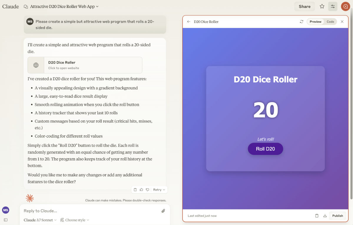 Anthropic Claude d20 dice roller example screenshot