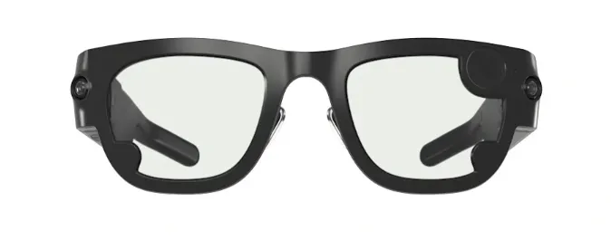 A frontal view of the Meta Aria Gen 2 smart glasses on a highly contrasted white background.