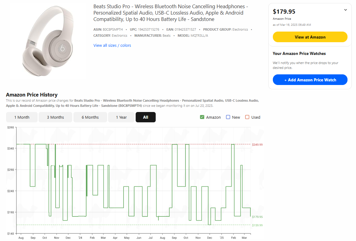 Beats Studio Pro price history on CamelCamelCamel screenshot