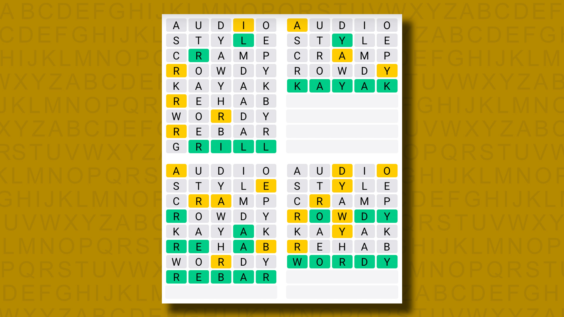 Quordle answers for game 1134 on a yellow background