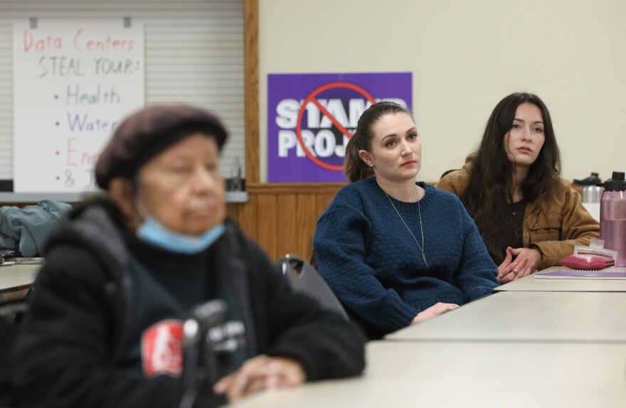 (Center) Alora Brusino, from Ransomville in Niagara County, asked for an investigation by the DEC and U.S.Fish and Wildlife Service into the permits at STAMP in her public comment to the GCEDC. The Genesee County Economic Development Center held a public hearing at the Alabama Fire Hall Monday, February 3rd, where residents, members of the Tonawanda Seneca Nation and environmental advocates, criticized three proposed mega data centers that have plans before the GCEDC to build at the STAMP site in the Town of Alabama.