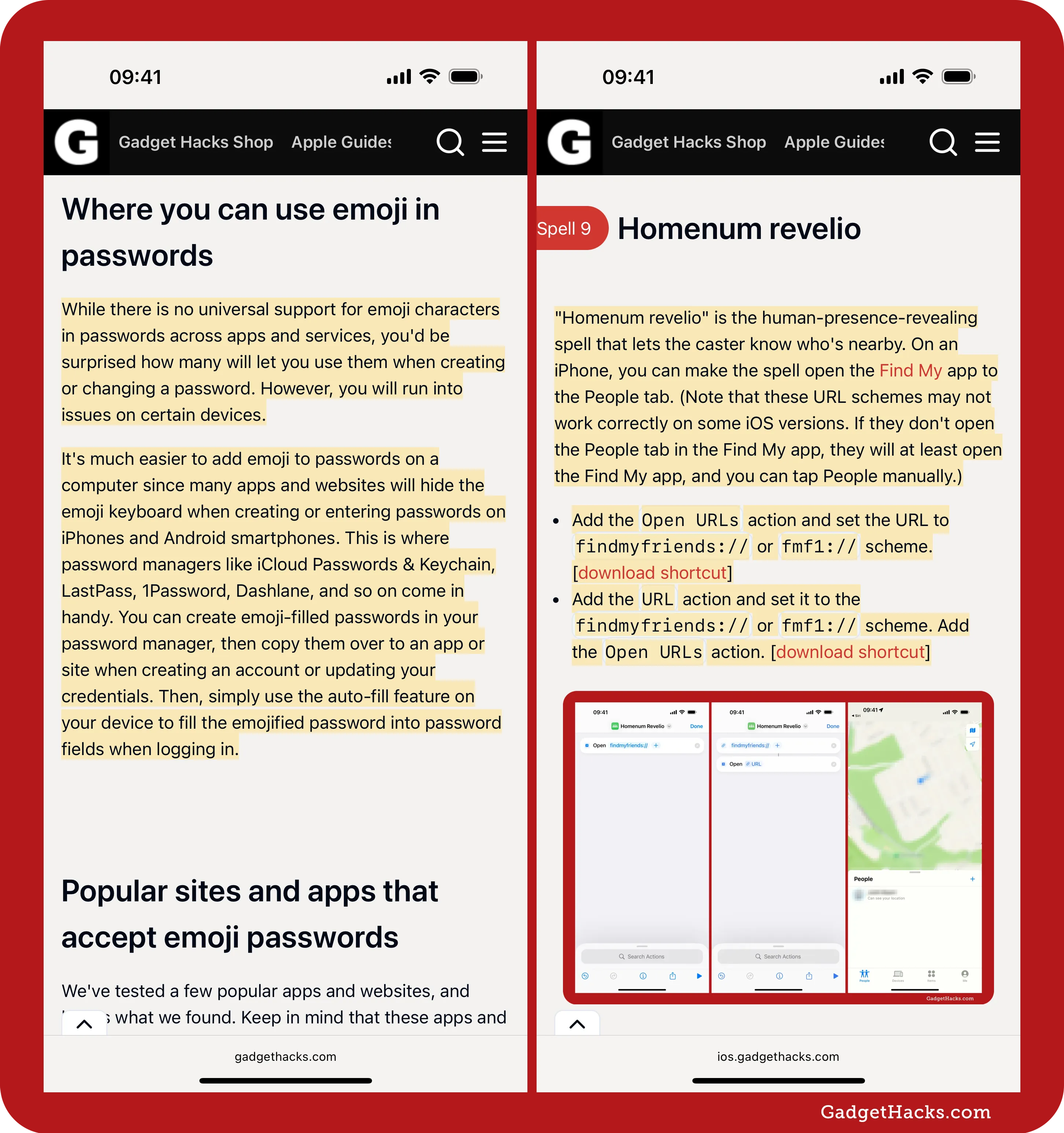 A side-by-side comparison of a Safari browser on iOS shows two Gadget Hacks articles with multiple text fragments highlighted, discussing emoji passwords and the “Homenum revelio” spell shortcut.