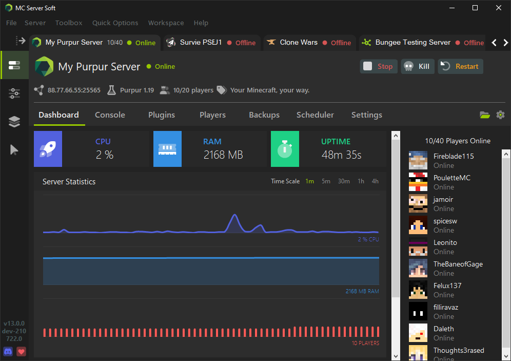 The MC Server Soft interface showing a running Minecraft server with users on it.