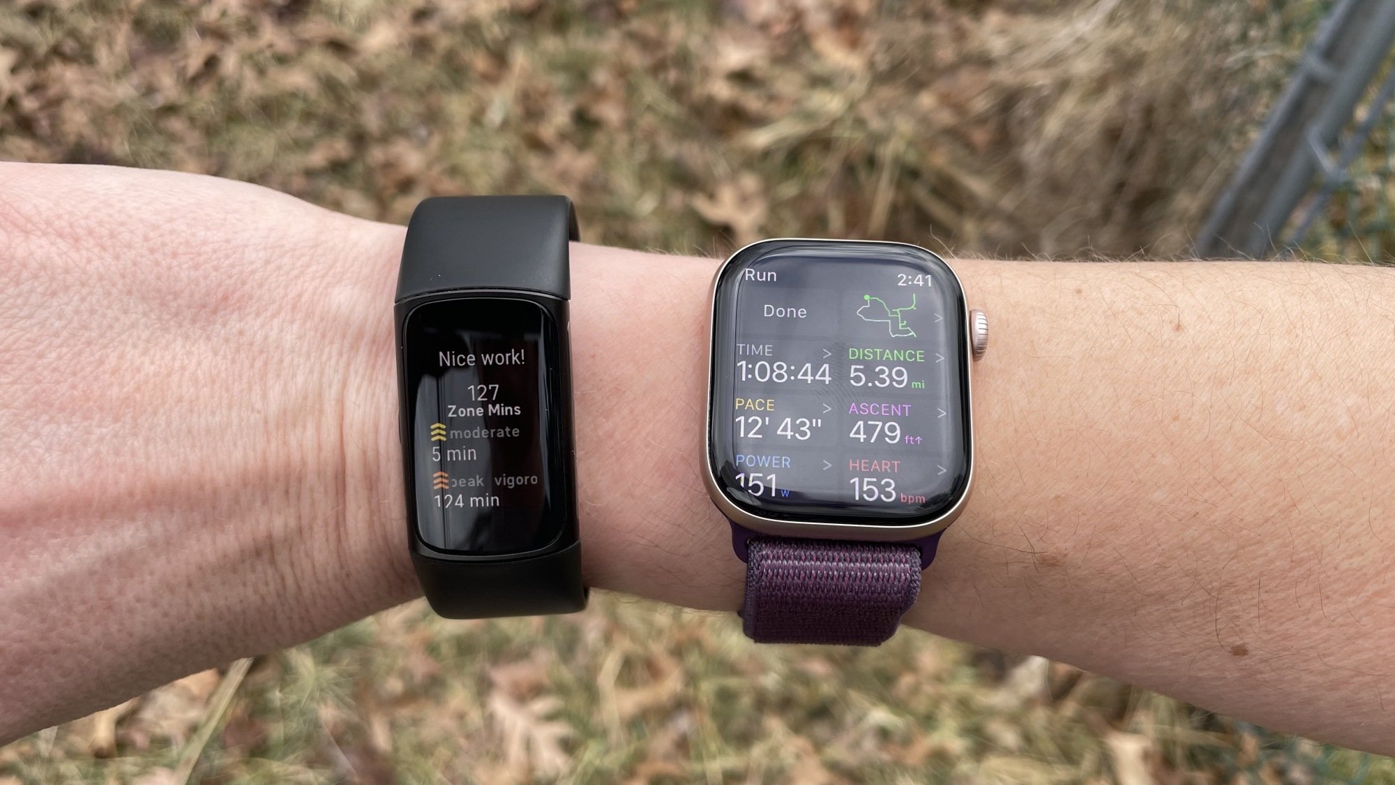 Left: Fitbit Charge 6 at the end of a run. Right: Apple Watch with WorkOutDoors at the end of the same run.