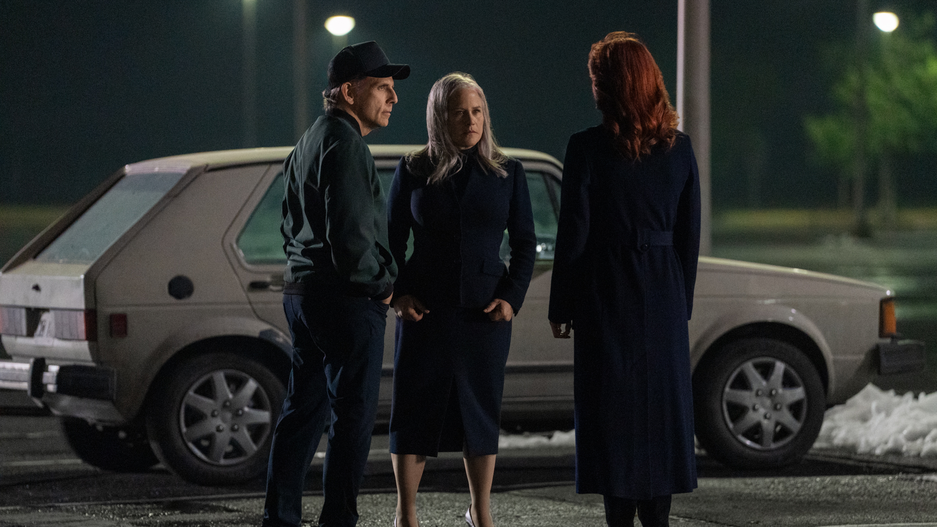 Ben Stiller, Patricia Arquette, Britt Lower, and a VW Rabbit shooting a scene of Severance.