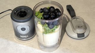 Ninja Blast Max blender containing plant milk, banana, kale, and blueberries