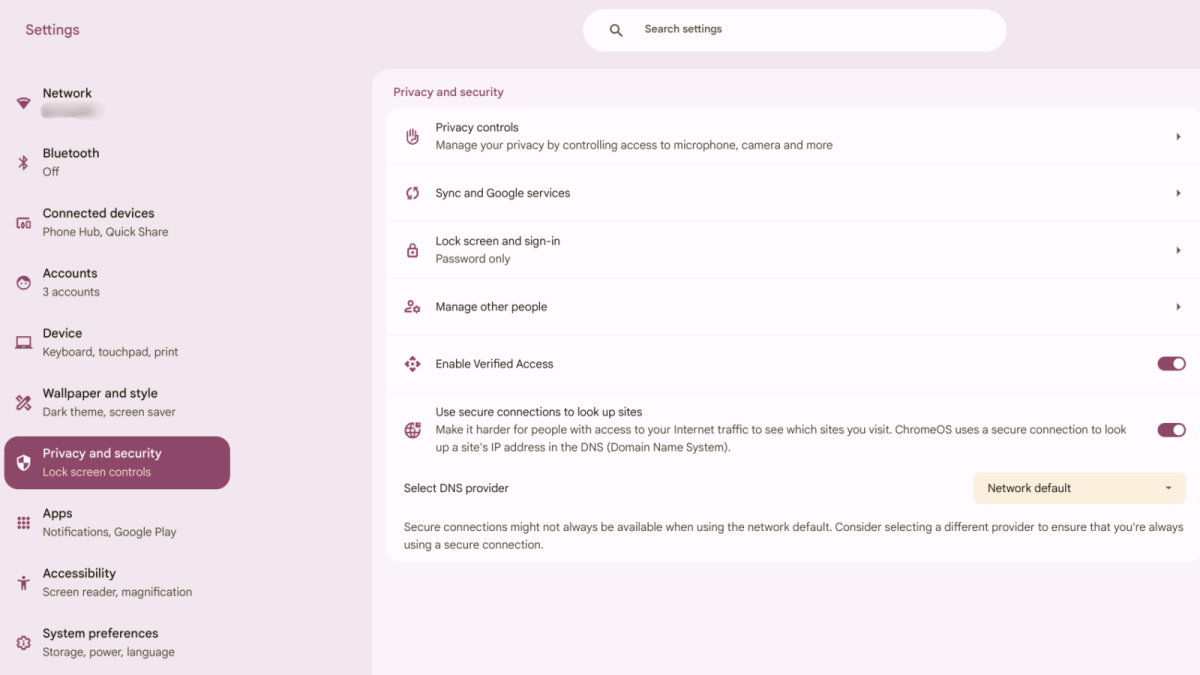 Chromebook privacy and security settings screenshot