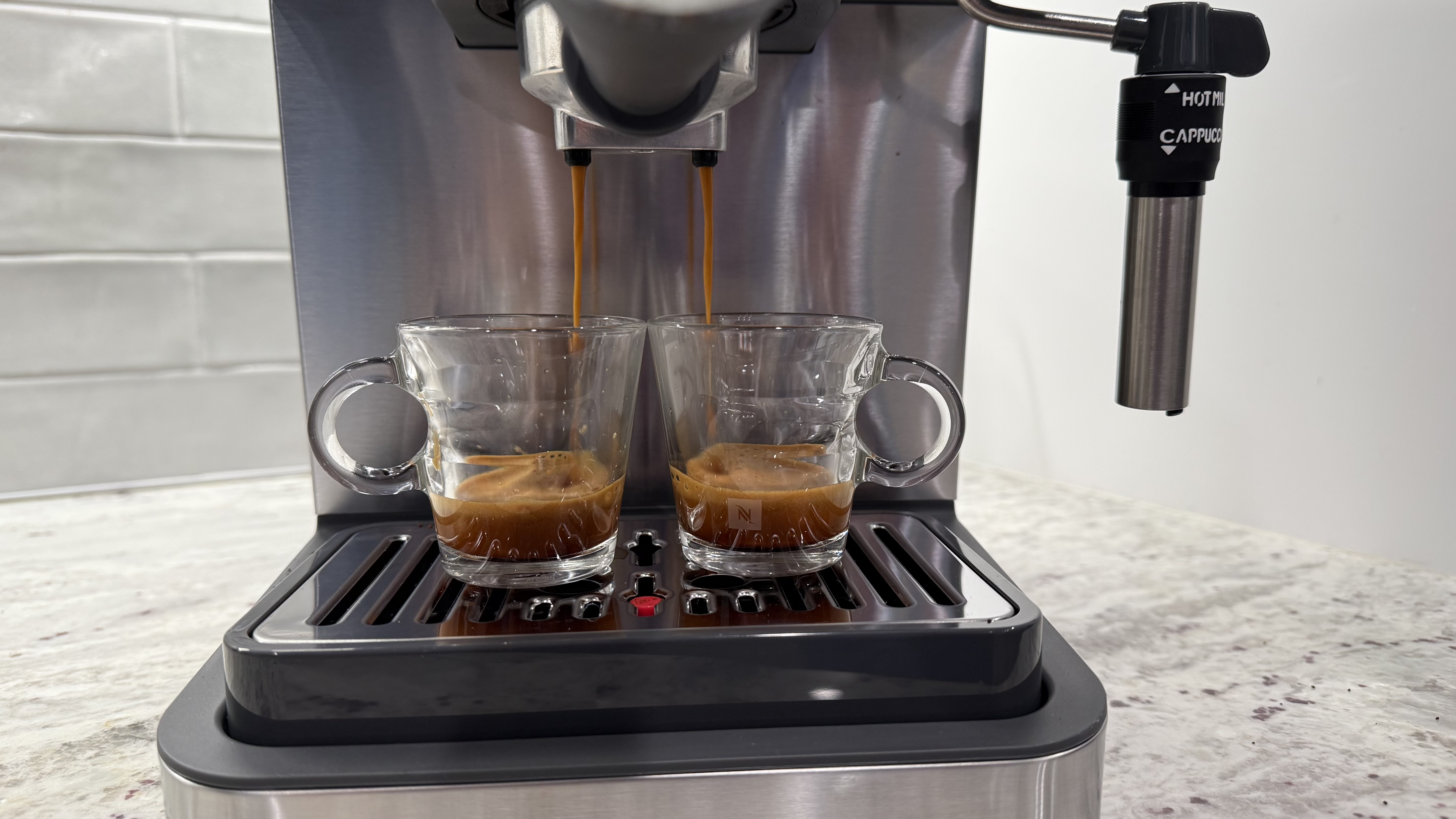 De'Longhi Linea Classic Espresso Machine brewing two espressos