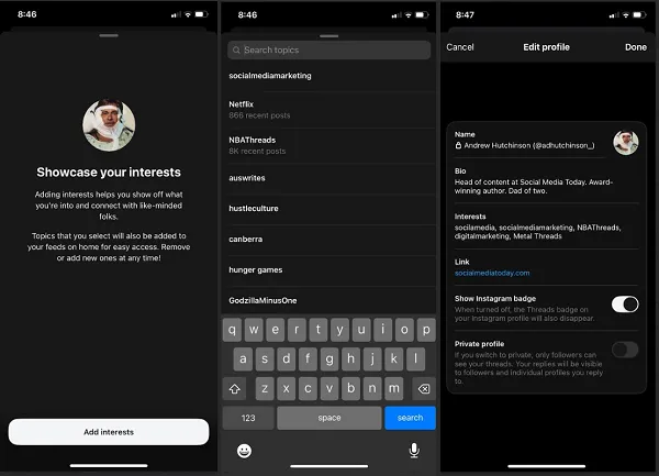 Threads topics on profiles